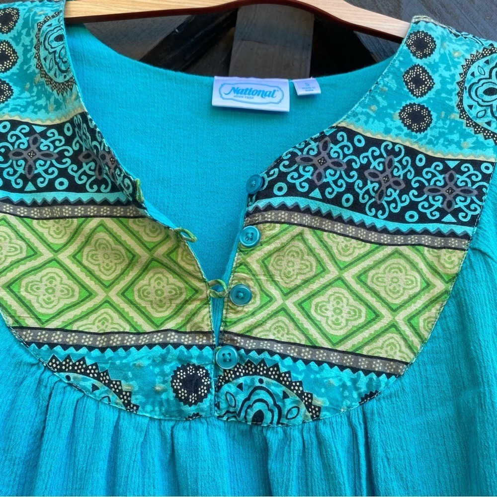 Vintage Dress S Turquoise/Blue 100% Cotton Flowy Boho Midi Short Sleeve S - Picture 6 of 13